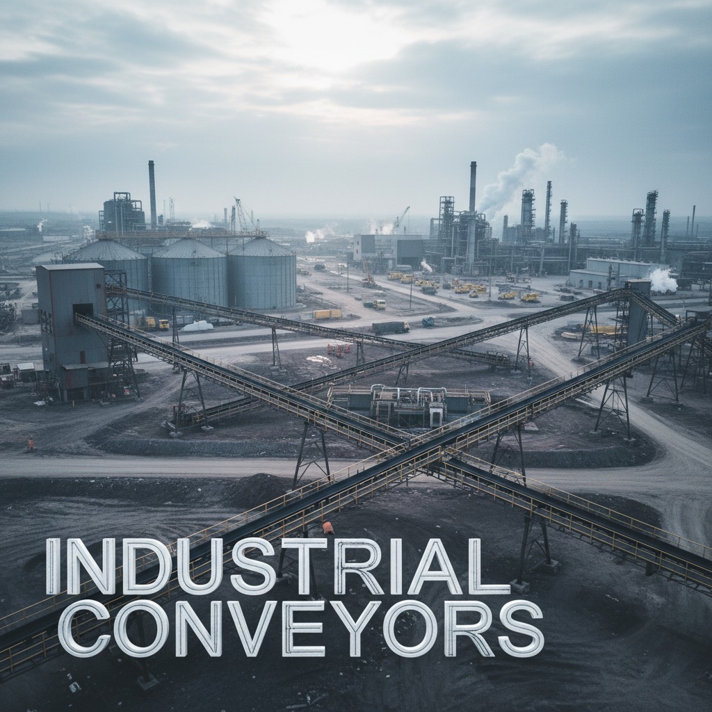 industrial conveyors written and in backgroung show some industry